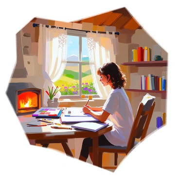 A freelance illustrator with light skin and curly brown hair is seated at a rustic wooden table inside a cozy Irish cottage. The cottage features stone walls and a thatched roof, with sunlight softly streaming through a window adorned with lace curtains. On the table, there are art supplies including sketchbooks, colored pencils, and paintbrushes. Outside the window, lush green hills and blooming wildflowers can be seen, creating a vibrant natural backdrop. The atmosphere of the interior is warm and inviting, with a small fireplace crackling nearby and shelves filled with books and plants lining the walls. The illustrator is focused on drawing, with a peaceful expression as they sketch their ideas.