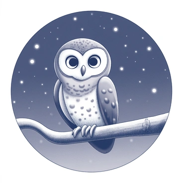 An owl perched on a thick branch of a tree. The owl has large, round eyes and intricate feather patterns. The branch is textured and robust, extending horizontally. The background features a night sky filled with numerous stars, twinkling above the owl, creating a captivating atmosphere. The scene is enveloped in a serene and calm ambiance, emphasizing the owl's watchful gaze.