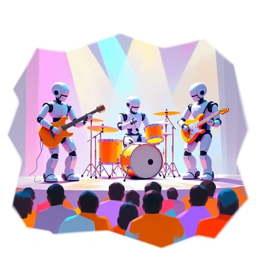 A group of robots performing on a stage during a concert, each playing a different musical instrument. One robot, designed to resemble a humanoid figure, is energetically playing an electric guitar, with colorful lights reflecting off its metallic surface. Another robot, shaped like a tall and slender figure, is skillfully playing the drums, with its mechanical arms moving rhythmically. A third robot, resembling a spherical shape, is holding a microphone and singing. The stage is equipped with bright spotlights directing attention to the robots, and a vibrant crowd of spectators can be seen in the foreground, enjoying the performance.