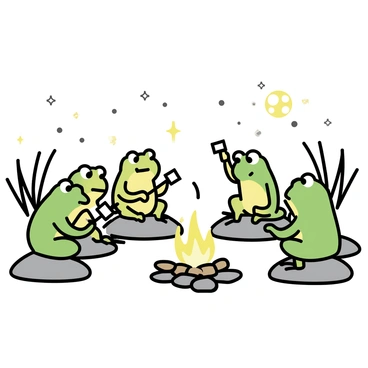 A group of frogs, with vibrant green skin and large, expressive eyes, are sitting on smooth stones surrounding a small campfire. The flames are flickering warmly, casting a soft glow on their faces. Each frog is holding a thin stick with a marshmallow at the end, roasting it over the fire. The scene is illuminated by the bright moonlight, which bathes the surrounding area in a silvery light. The frogs are in various poses, some leaning in to watch their marshmallows, while others appear to be animatedly telling stories to the group. In the background, the silhouettes of tall grass and a starry sky create a tranquil atmosphere.