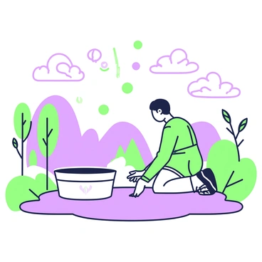 A baptism is taking place in a dream-like landscape filled with unusual floating elements. In the center, a person kneels by a body of water, surrounded by gently swirling clouds. Above them, there are floating orbs and feathers drifting through the air. Ethereal light illuminates the scene, casting soft reflections on the surface of the water. The background features abstract shapes and silhouettes of trees that seem to sway, despite the absence of wind. The atmosphere conveys a sense of calm and wonder, with vivid details enhancing the overall surreal quality of the moment.