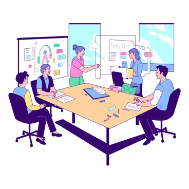 A group of five individuals is gathered around a large rectangular table in a brightly lit meeting room. Each person is engaged in discussions, with colorful sticky notes and markers scattered across the table. One person is standing and pointing at a large whiteboard filled with various sketches and ideas related to the brand identity. The others are sitting, actively taking notes or looking at their laptops. Large windows in the background allow natural light to fill the room, emphasizing a collaborative atmosphere.