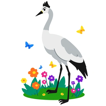 A tall crane stands gracefully among vibrant flowers in a colorful garden scene. The crane has a long neck and slender legs, with its feathers displaying shades of white and gray. Surrounding the crane are numerous butterflies in various sizes and colors, including bright blues, yellows, and reds. The flowers bloom in a spectrum of colors, including pink, orange, and purple, creating a lively atmosphere. The sunlight illuminates the garden, casting soft shadows and highlighting the beauty of the scene.