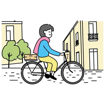 A person, wearing a red scarf and a blue jacket, is riding a vintage bicycle with a wicker basket attached to the front. The cobblestone street is visible beneath the bicycle tires, creating a textured path. Classic Parisian architecture, characterized by cream-colored buildings with wrought iron balconies and elegant windows, lines both sides of the street. A few green trees dot the scene, adding a touch of nature to the urban setting. A soft light illuminates the scene, highlighting the charming details of the architecture and the person on the bicycle.