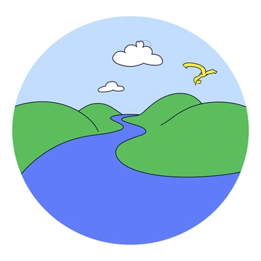 A minimalistic cartoon illustration of a blue river gently flowing through a green landscape. The water is depicted with smooth, curved lines to signify movement. Above the river, there are yellow and orange swirls representing energy, intertwining with the water in a harmonious way. The background features simple green hills under a clear blue sky. A few stylized clouds float above the hills, adding a touch of whimsy to the scene.
