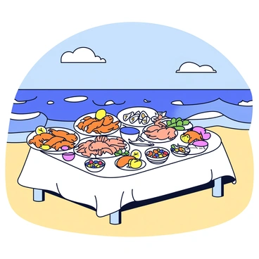 A table is set on the beach, covered with a white cloth. A variety of seafood dishes are displayed, including a large platter of shrimp, golden-brown crab legs, and grilled fish garnished with lemon slices. Fresh oysters are arranged on ice, and a bowl of cocktail sauce sits nearby. Surrounding the table are small bowls filled with colorful salads and dipping sauces. The ocean waves can be seen in the background, and the sky is clear with a few scattered clouds.