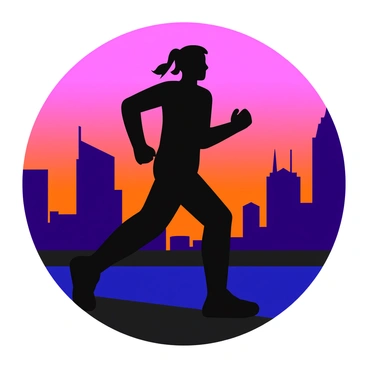 A black silhouette of a runner in motion is depicted against a colorful city skyline at dusk. The skyline features tall buildings with various shapes and sizes. The sky is painted in shades of purple, orange, and pink, creating a vibrant backdrop. The runner's arms and legs are extended, showcasing the dynamic movement. The ground below is a dark surface that contrasts with the skyline, emphasizing the runner's figure.