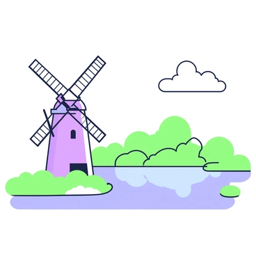 A lakeside windmill stands tall next to a calm lake. The windmill has four blades and a detailed structure. Its reflection can be seen on the water's surface, creating a mirror-like effect. Surrounding the lake, there are patches of grass and a few trees in the background. The scene captures a clear sky above, enhancing the tranquil atmosphere of the landscape.