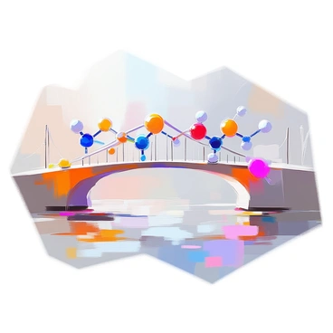 A bridge constructed from intricate molecular chains, showcasing a blend of atoms represented in various colors. The chains twist and curve gracefully, creating an arching structure that spans across a space. Each molecule is interconnected by bonds that illustrate the binding forces between them, with some chains appearing more rigid while others are flexible. The background reveals a soft gradient, highlighting the bridge and accentuating its scientific significance. The entire scene captures the essence of molecular interactions and the beauty of chemistry in a visual form.