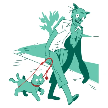 A teal zombie is walking down a street, holding a red leash attached to a cute undead cat. The zombie has tattered clothes and its skin is a muted green, while the cat has a small red collar around its neck with a tiny tag. The cat has a slight grin and glowing eyes, and it is playfully trailing behind the zombie, which is shuffling slowly. The background features a sidewalk and a few withered trees, adding to the eerie atmosphere.