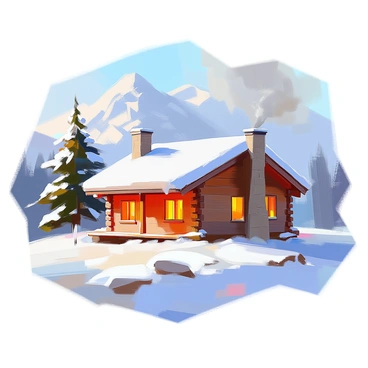 A cozy mountain cabin made of warm wooden logs sits nestled in a snowy landscape. Smoke billows gently from the stone chimney, indicating a warm fire inside. The roof of the cabin is dusted with fresh snow, and the surrounding ground is blanketed in white, with a few evergreen trees partially covered in snow. Soft light glows from the windows, inviting and warm, contrasting with the chilly surroundings. In the distance, towering mountain peaks rise against a clear blue sky, completing the tranquil winter scene.