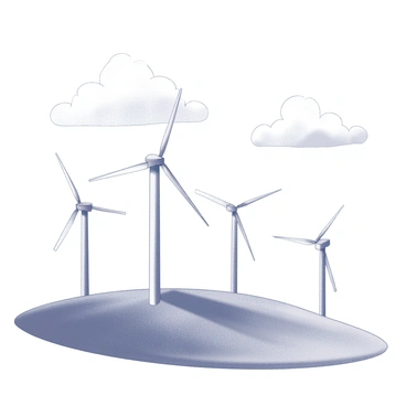 Several wind turbines are positioned on a gently sloping grassy hillside. The turbines have tall, slender towers and three long blades that are actively spinning in the breeze. The grass on the hillside is lush and textured, creating a natural, rolling landscape. Above, the sky is bright and clear, featuring a few fluffy clouds drifting softly. The scene conveys a sense of renewable energy and openness, with the wind turbines prominently displayed against the expansive sky.