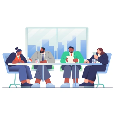 A sleek, modern conference table made of polished dark wood is at the center of the image. Around the table, four executives are present, two men and two women. One man with short black hair is wearing a navy suit and is signing a contract with a black pen. The other man, who has a beard, is reviewing documents, wearing a light gray suit. One woman with long hair tied in a bun, attired in a red blouse, is also signing a contract. The other woman, with shoulder-length curly hair, is looking at a tablet while wearing a black blazer. There are glasses of water placed on the table, and a large window in the background shows a city skyline under a bright blue sky.