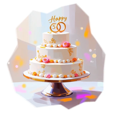 A beautifully crafted gateau designed for a 50th anniversary celebration is at the center of the image. The cake is multi-tiered, featuring smooth white frosting, with intricate golden accents adorning each layer. Delicate golden edible decorations, such as roses and filigree, enhance the cake’s elegance. At the top of the gateau, there are two intertwined golden rings symbolizing the couple’s unity, along with the words "Happy 50th Anniversary" elegantly written in gold. The cake is displayed on an ornate cake stand, and the background hints at a festive atmosphere with soft lighting.