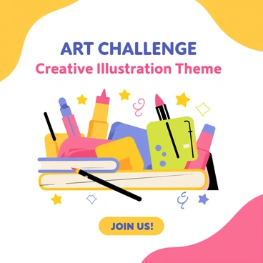 A colorful digital social media post featuring the text "Art Challenge: Creative Illustration Theme" prominently displayed at the top in bold letters. Below the text, a vibrant array of art supplies is illustrated, including brushes, paint tubes, and sketchbooks. Surrounding the art supplies are whimsical doodles of various artistic elements like stars, swirls, and shapes. The background incorporates a soft gradient blending warm colors, enhancing the festive atmosphere of the announcement. At the bottom, there’s a call to action in a playful font that reads "Join Us!"