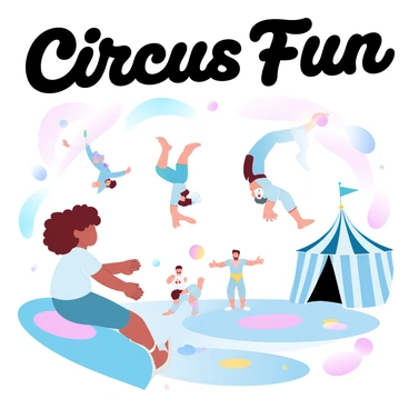 A child with curly hair is sitting on the edge of a colorful tent, watching a vibrant circus performance. In the air, several acrobats are performing daring flips and formations, showcasing their athleticism. Nearby, clowns in bright costumes are entertaining the audience with exaggerated movements and playful antics. The ground is covered with colorful rugs, and various circus props like juggling balls and hoops are strewn around. The atmosphere is filled with excitement and energy, highlighted by multicolored lights illuminating the scene. "Circus Fun" is written in bold, playful lettering at the top of the image.