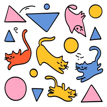 A colorful pattern featuring various cat shapes intertwined with geometric designs. The cats are depicted in different playful poses, showcasing their tails and ears in a whimsical manner. The geometric designs include triangles, circles, and squares, all arranged in a harmonious layout. The colors are vibrant, with blues, pinks, and yellows prominently featured, creating a lively and dynamic visual. The overall arrangement presents a sense of movement and interaction between the cats and the geometric elements.