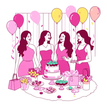 A group of four bridesmaids dressed in matching vibrant pink dresses are gathered at a bridal shower celebration. They are smiling and laughing, standing in front of a large table laden with an assortment of colorful treats including cupcakes topped with teal frosting, macarons, and a large multi-layered cake. The backdrop features colorful balloons in shades of pink and yellow, along with streamers that drape elegantly from the ceiling. Floral centerpieces with yellow lilies and pink roses are placed around the table, creating a festive atmosphere. Each bridesmaid holds a small gift bag in their hands, showcasing their excitement for the celebration.