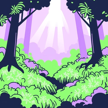 A dense rainforest with tall trees reaching towards the canopy. The scene is filled with a thick mist that obscures the distance, creating a sense of depth. Abundant ferns grow on the forest floor, their fronds spread wide, creating a lush, green carpet. Shafts of soft light filter through the leaves above, illuminating parts of the moss-covered ground. In the background, silhouettes of larger plants and tree trunks are visible, enhancing the feeling of a rich, vibrant ecosystem.