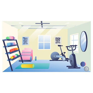 A garage has been converted into a home gym. There are various weights arranged neatly on a rack to the left, including dumbbells in multiple colors. Adjacent to the weights, a set of exercise mats is rolled out on the floor, with a bright blue mat on top. The walls are adorned with several motivational posters featuring phrases like "Push Yourself" and "Stay Strong" in bold lettering. A large mirror is mounted on one wall, reflecting the equipment in the room. In the corner, a stationary bike is positioned next to a window, allowing natural light to fill the space. The flooring is a soft rubber material, providing a comfortable surface for workouts.