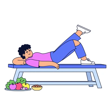 A person is on a reformer Pilates machine, performing an exercise with focused concentration. The individual has a fit physique and is dressed in comfortable workout attire. Nearby, there is a colorful spread of nutritious food, including green leafy vegetables, fruits like apples and berries, and a small bowl of nuts. The setting is bright and airy, suggesting a space dedicated to health and well-being. The Pilates machine is a sleek design with a minimalist appearance, complementing the concept of a healthy lifestyle.