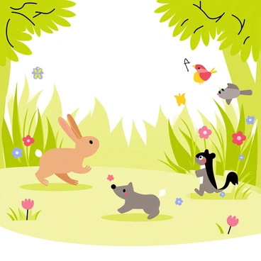 A sunlit glade surrounded by tall, lush green grass and vibrant wildflowers. Several playful critters are frolicking in the open space, including a small brown rabbit with big ears bouncing joyfully, a chubby gray squirrel climbing a nearby tree, and a colorful red and yellow bird flitting through the air. The sunlight filters through the leaves, casting gentle shadows on the ground where the critters playfully chase each other. A few butterflies flutter around, adding a splash of color to the scene.