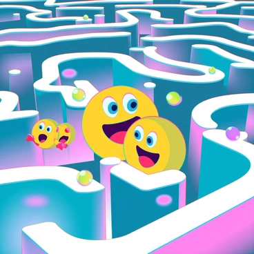 A family of mini Pac-Men with bright yellow bodies and round shapes is exploring a colorful, intricate maze. Each Pac-Man has distinct features, such as large, expressive eyes and open mouths that give a sense of movement. The maze is filled with vibrant colors, including deep blues, rich greens, radiant pinks, and sunny yellows, with walls that twist and turn in various directions. Small dots and pellets are scattered throughout the maze, creating a sense of adventure. The family of mini Pac-Men is interacting with their environment, navigating the maze while appearing curious and excited.