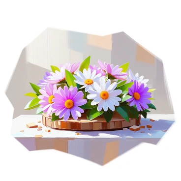 A floral crown made of assorted aster flowers, laid on a rustic wooden table