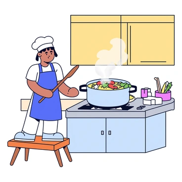 A tiny cook wearing a white hat and a blue apron stands on a wooden stool, stirring a giant pot of soup on a shiny silver stovetop. The pot is filled with colorful vegetables, steam rising from it. The kitchen has a warm, inviting atmosphere with wooden cabinets in the background. A wooden spoon is held in the cook's hand, and there are small ingredients scattered around the stovetop.