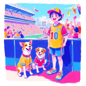 A fan stands in a lively stadium, dressed in vibrant team colors. The fan wears a jersey with the team's logo prominently displayed, along with a matching cap. Beside the fan, a dog is sitting on a leash, wearing a miniature version of the same jersey, showcasing the same team colors. Both the fan and the dog have excited expressions on their faces, embodying the thrill of the upcoming game. The background features other fans cheering and colorful flags waving, enhancing the atmosphere of anticipation.