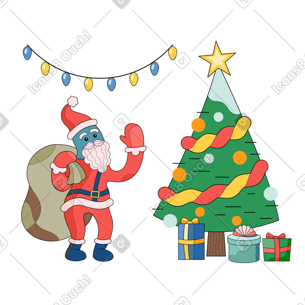 Santa with gifts and tree under lights, Christmas party festivities illustrazione in stile Surr scarica in PNG, SVG