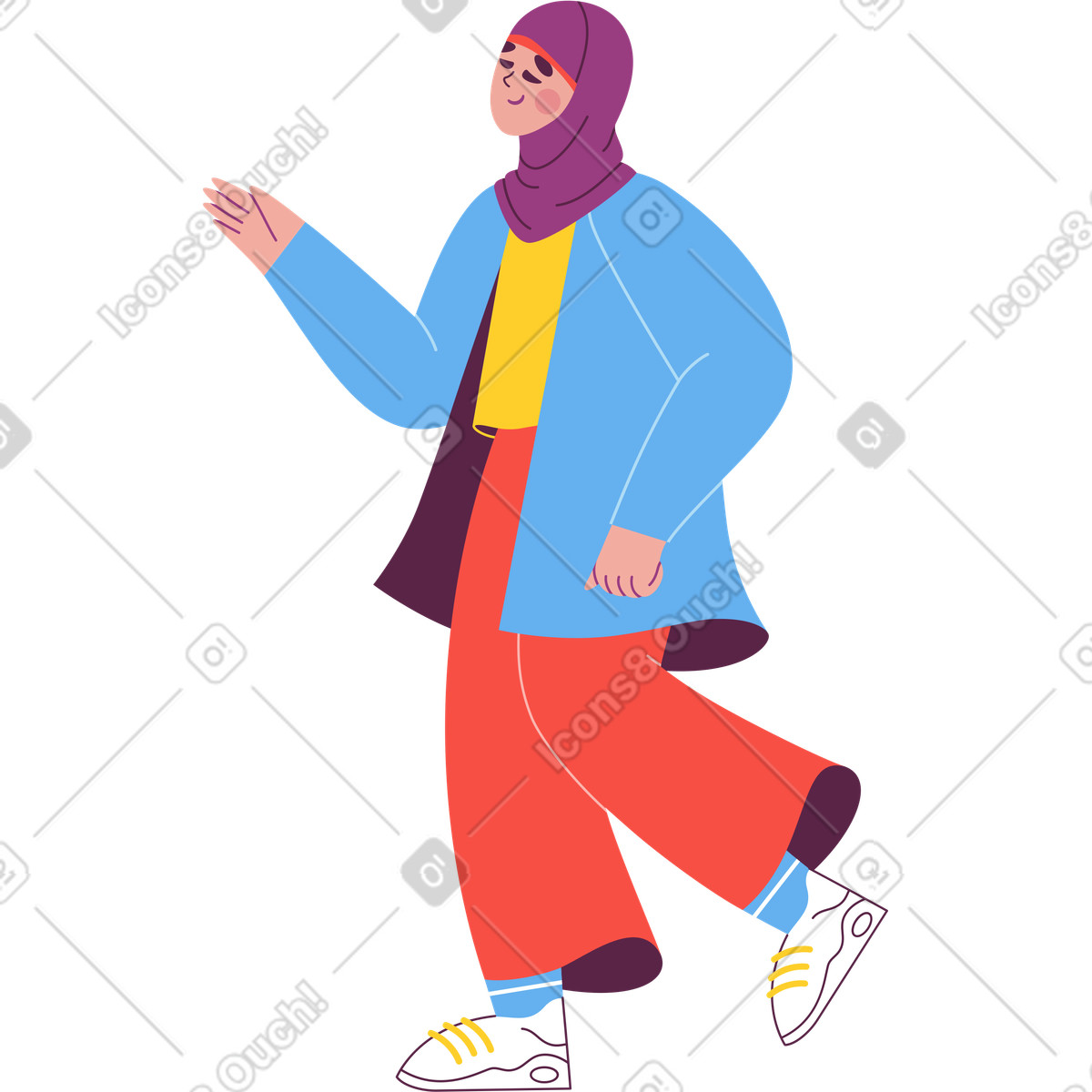 Ilustração de Mulher muçulmana caminha e segura algo na mão em no estilo Sammy para baixar em PNG, SVG
