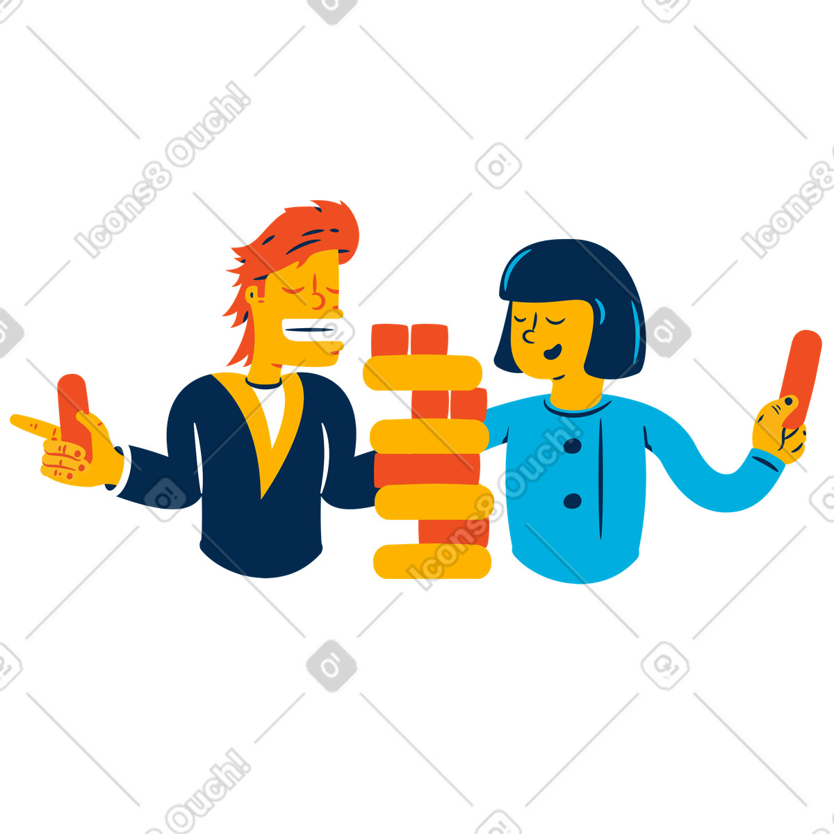 Mann und frau spielen jenga-Illustration im Flame-Stil als Download in PNG, SVG