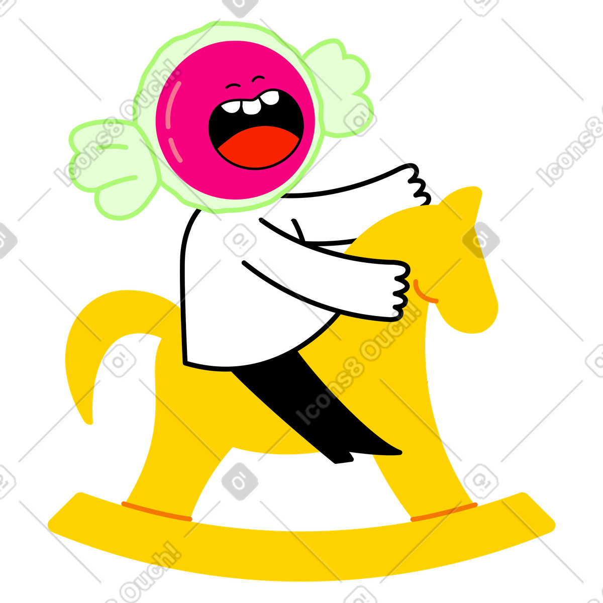 Candy headed character riding rocking horse animated illustration in Giggle style download in GIF, Lottie (JSON), AE
