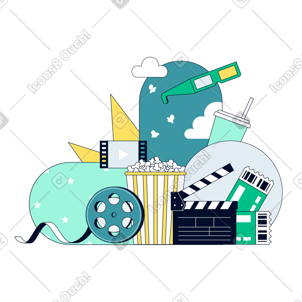 Ilustración Tablilla con palomitas y gafas 3d en estilo Teal a descargar en PNG SVG