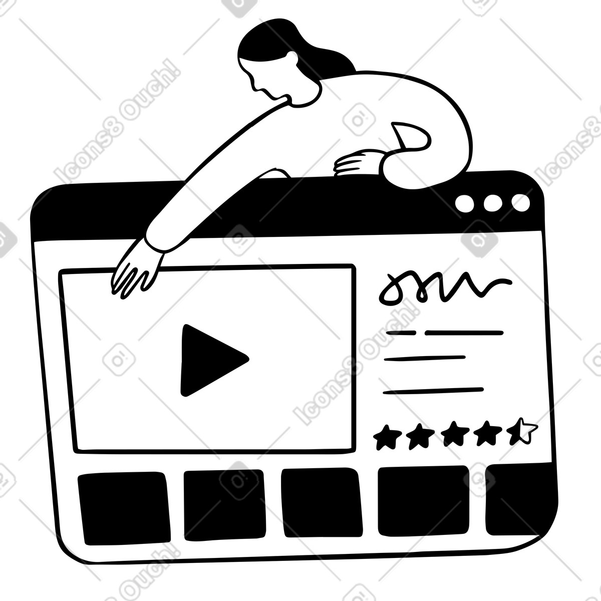 Donna che guarda film sulla piattaforma di streaming online illustrazione in stile Journal scarica in PNG, SVG