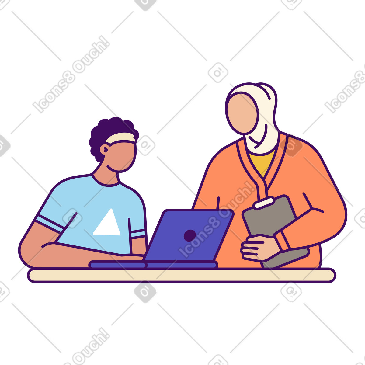 Simplistic 스타일의 Coworkers discussing project at desk, Workplace teamwork and support 일러스트레이션 PNG, SVG 다운로드