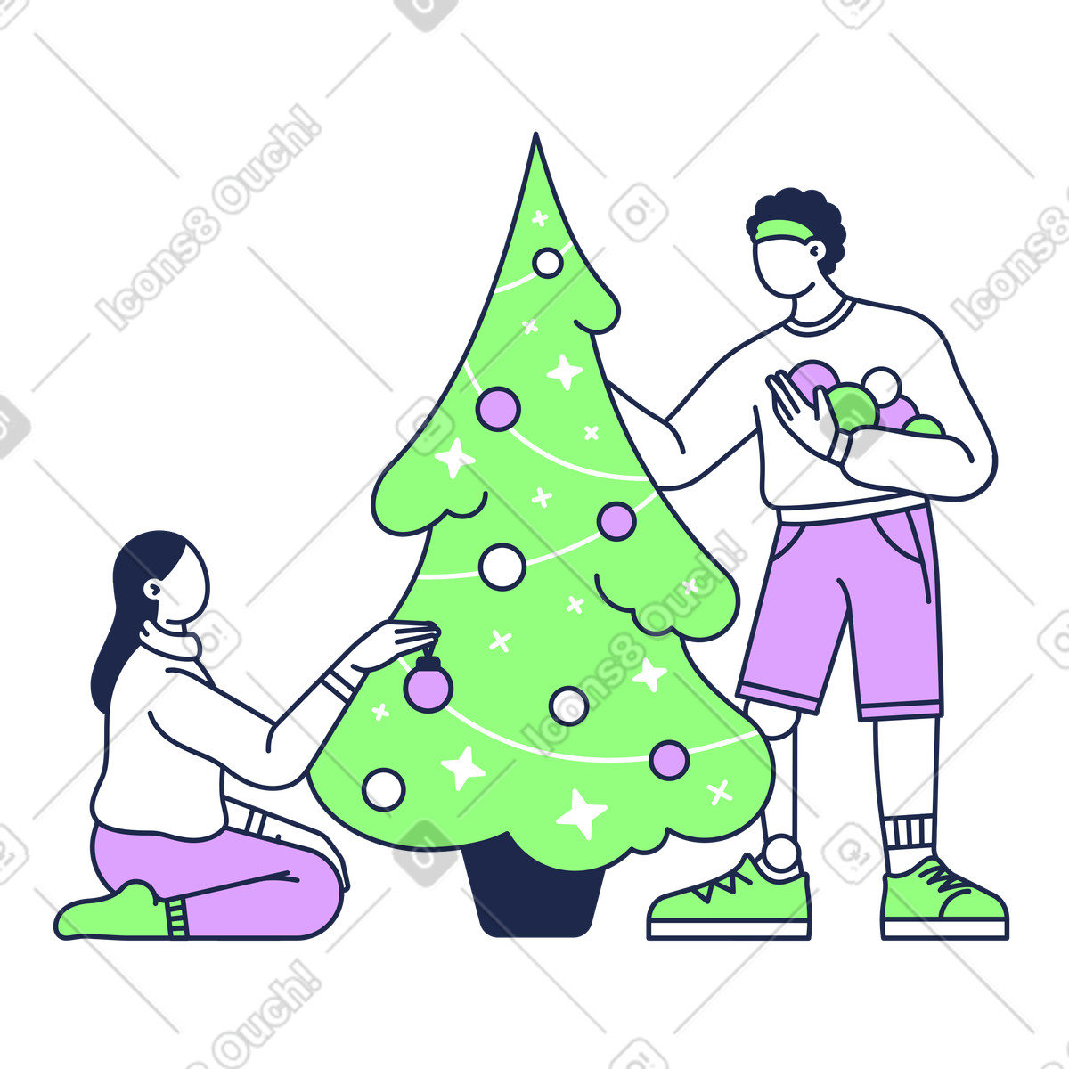 下载 Outline 风格的 Decorating Christmas tree together, Festive preparation and family time 插画，支持 PNG、SVG 格式