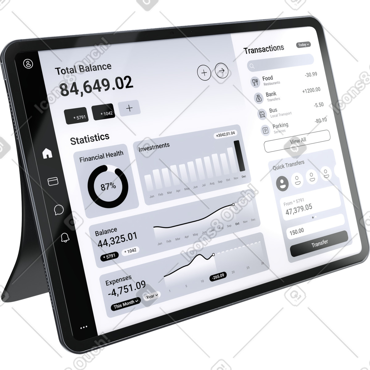 Financial analytics tablet, banking dashboard ui, transaction monitoring illustration in PNG, SVG