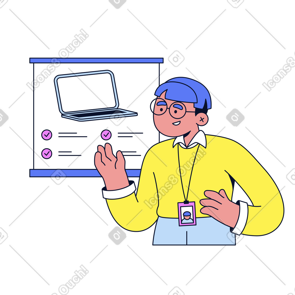 Ilustração de Speaker explaining laptop features during presentation, Product launch or business pitch em no estilo Flexy para baixar em PNG, SVG