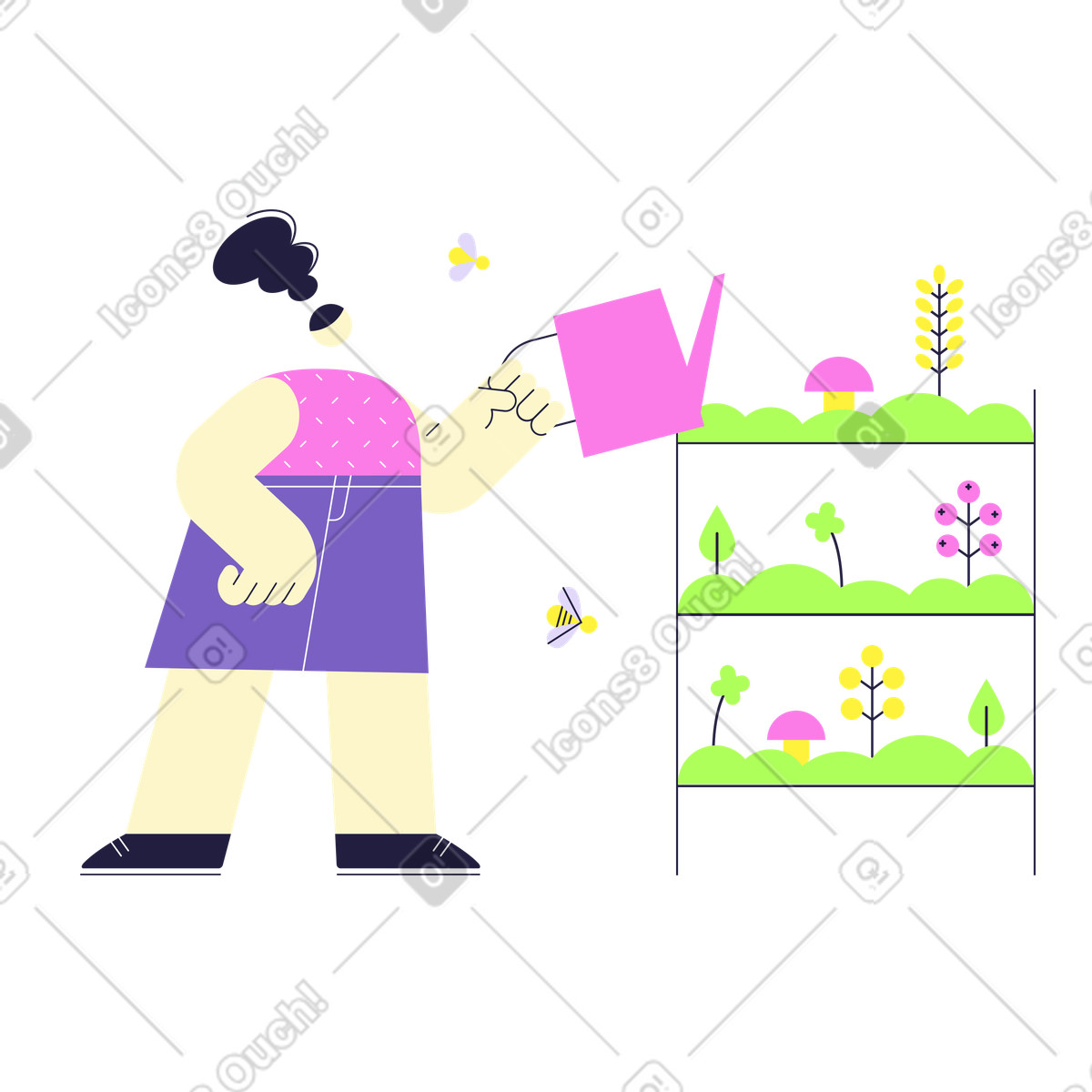 Ilustración Mujer con regadera cerca de jardín vertical en estilo Mellow a descargar en PNG y SVG