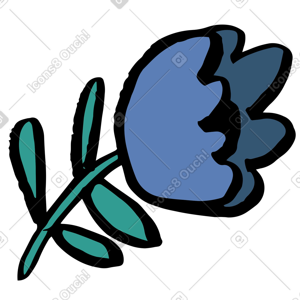 Scandi スタイルの Blue-petaled flower with green leaves のイラストをPNG、SVG形式でダウンロード