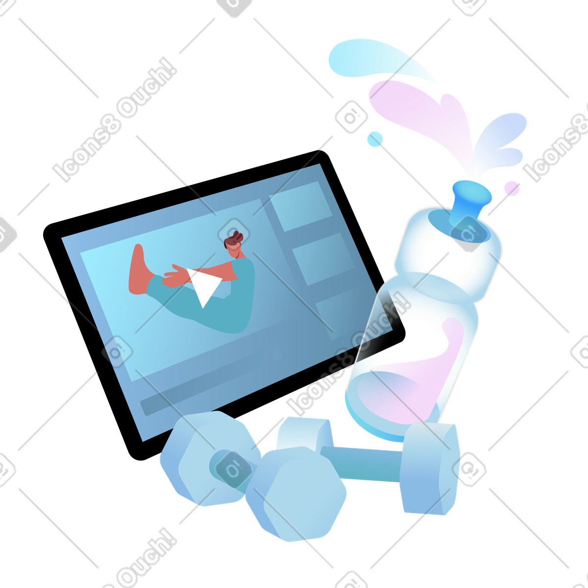 Illustration Online fitness lesson with video, Home workout and exercise routine dans le style Airy à télécharger aux formats PNG, SVG