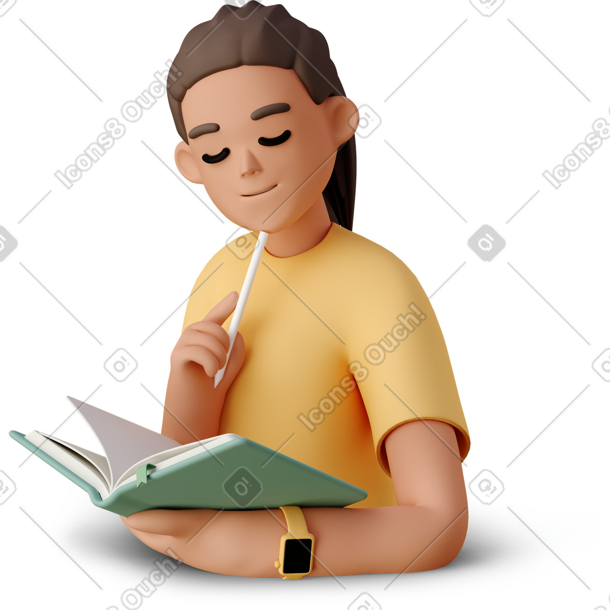 Young woman reading a book and holding a pen illustration university vector clipart images