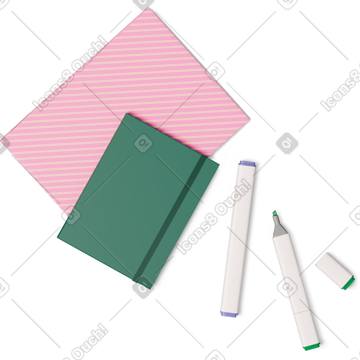 Top view of notebooks and markers illustration in 3D Hygge style download in PNG, SVG
