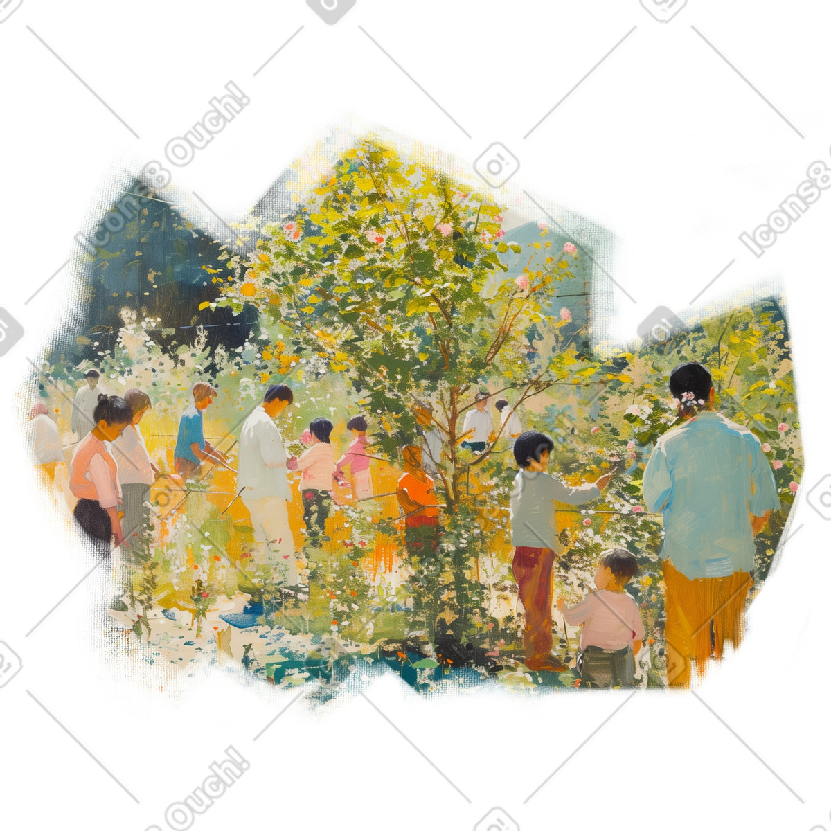 Pictorial 스타일의 정원에서 일하는 공동체의 유화 일러스트레이션 PNG, SVG 다운로드