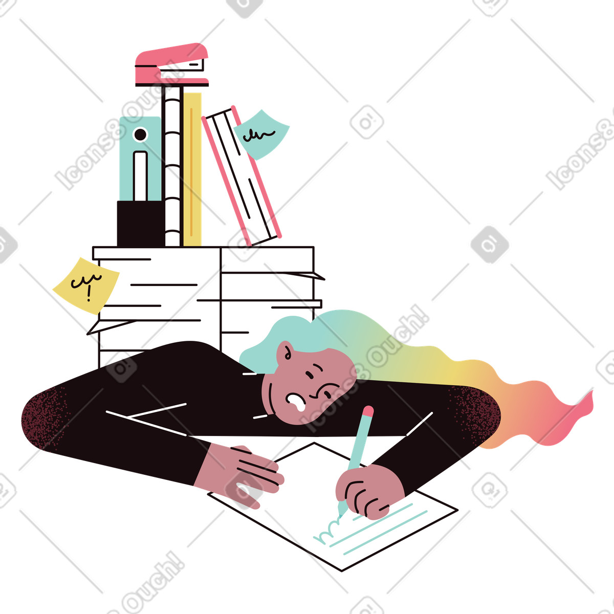Exhausted employee surrounded by paperwork, Deadline-Illustration im Delight-Stil als Download in PNG, SVG