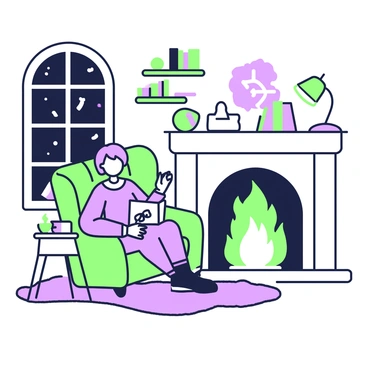 A cozy living room is depicted at night, featuring a person sitting comfortably in an armchair by a fireplace. The person has short hair and wears a knitted sweater, engrossed in reading a book, which they hold in their lap. The fireplace burns with visible flames and emits a warm glow, casting soft light around the room. To the left of the armchair, a small side table holds a steaming cup and a pair of reading glasses. A plush rug lies underfoot, and shelves in the background are filled with neatly arranged books and personal items. A window in the background shows the darkness of the night outside, while soft light from a lamp provides additional illumination.