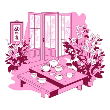 A quaint tea room nestled in a lush garden, with delicate teapots and cups on a wooden table