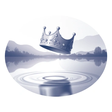 A crown with intricate designs and jewels is floating above a still lake. The surface of the lake reflects the crown, creating a mirrored effect. The early morning sky displays soft light as the sun rises on the horizon, casting delicate shadows on the water. Gentle ripples disturb the lake's surface, adding texture to the scene. The surrounding landscape features silhouettes of trees and distant hills, adding depth to the composition.